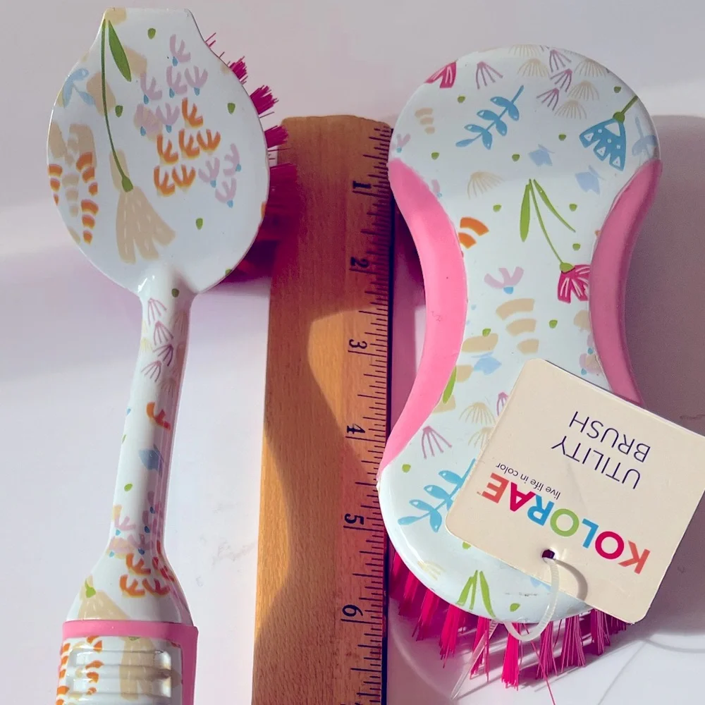 Pink Floral Dish Brush and Utility Brush with Hot Pink Bristles by Kolorae.  New
